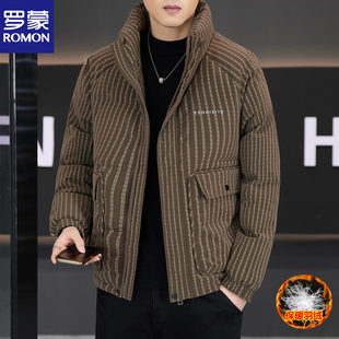 罗蒙冬季爆款潮流加厚高品质羽绒服男轻奢欧版竖条纹保暖立领外套
