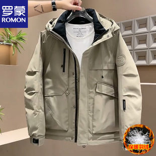 罗蒙工装 帅气冲锋衣潮流青年宽松加厚防寒保暖外套 连帽羽绒服男款