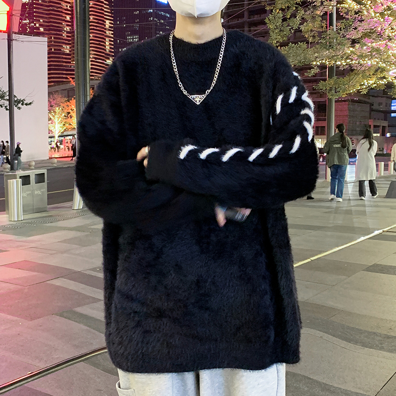 冬季水貂绒毛衣男圆领ins潮牌港风日系小众设计感美式复古针织衫