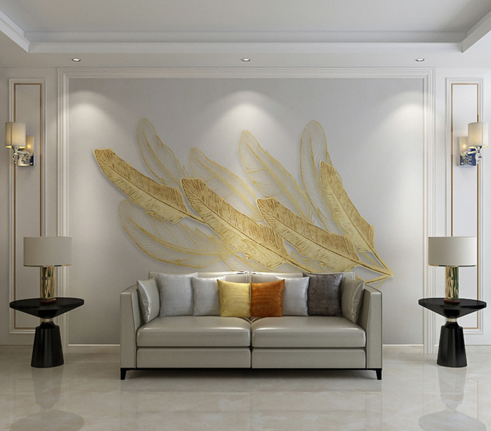 定制现代轻奢客厅沙发电视背景墙壁纸金色羽毛温馨墙布卧室18壁画