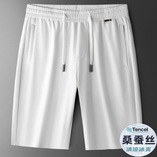 桑蚕丝休闲短裤男夏季宽松透气冰丝运动五分裤男白色大码速干中裤