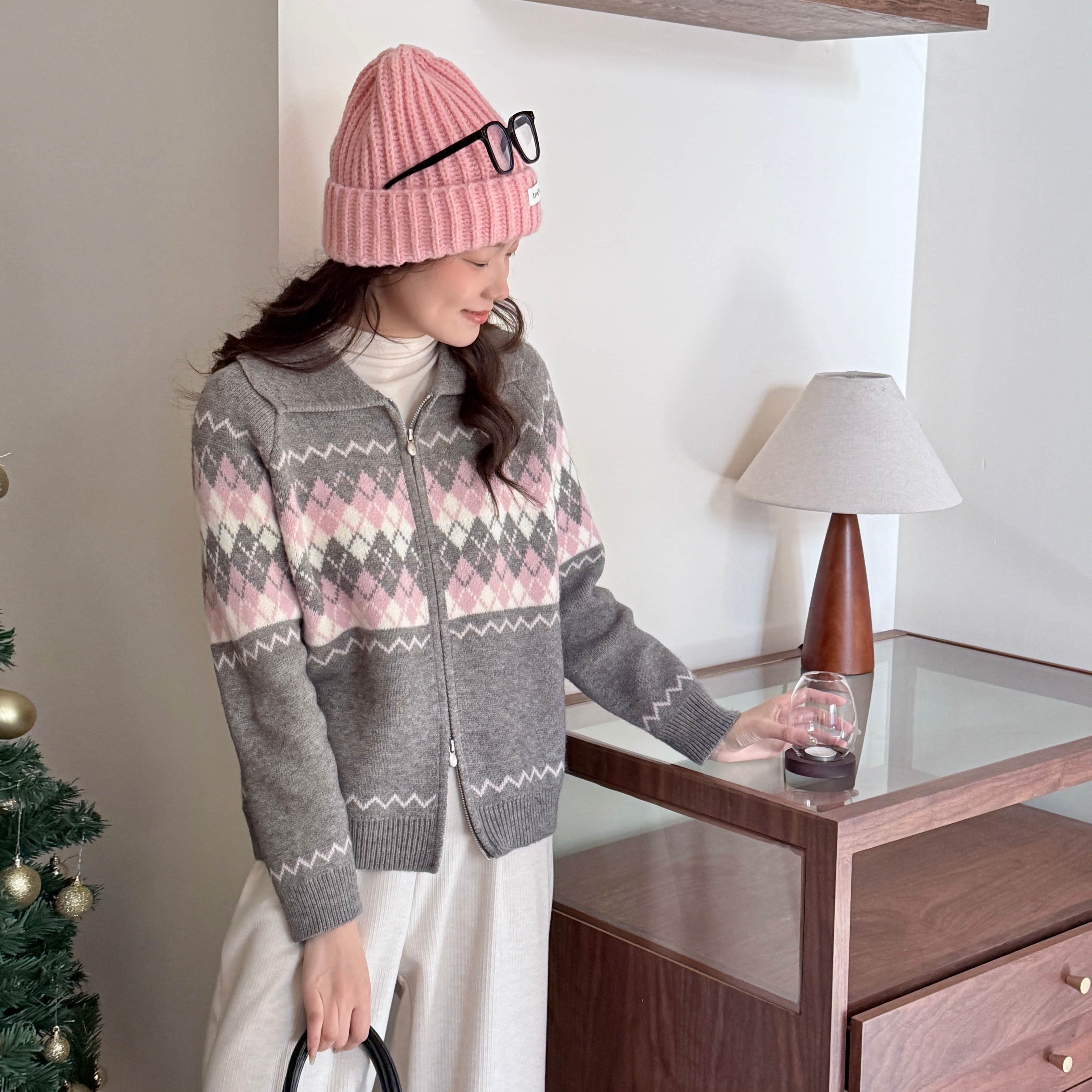 花路人 秋菱格翻领独特绝美小毛衣短款双拉链漂亮超好看针织外套