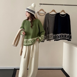 花路人 秋冬复古文艺好看提花女士毛线衣软糯宽松民族风针织上衣