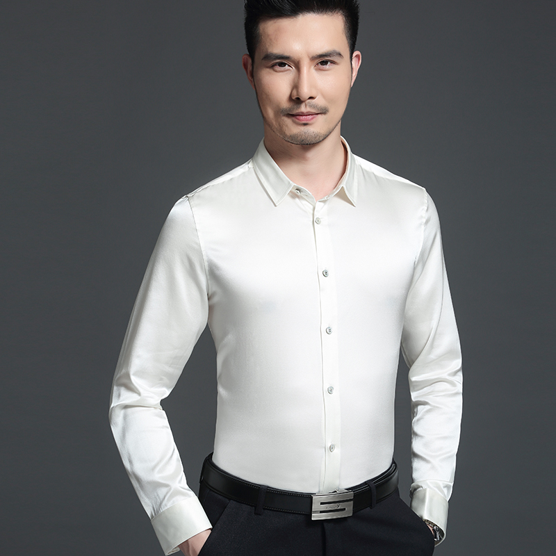 桑蚕丝衬衫男长袖春秋弹力衬衣丝绸缎面商务纯色上衣白色蓝色黑色