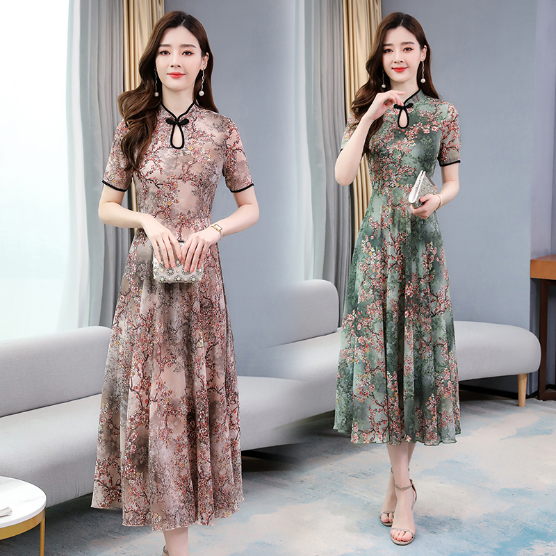 Cheongsam dress summer new short sleeve medium length waist close show thin air printing imitation ice silk long skirt