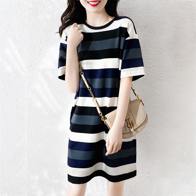2021 summer new fashion loose size meat covered short sleeve print medium long striped dress for women