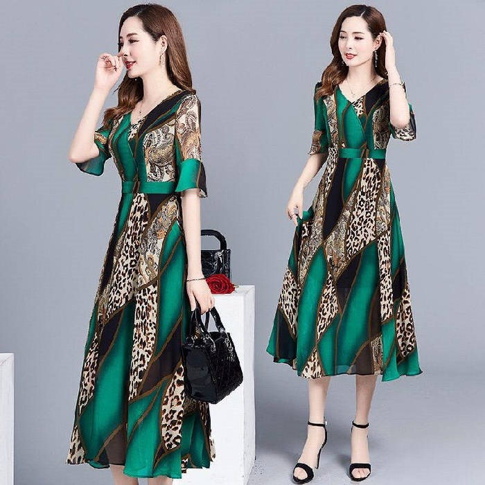 Leopard print ethnic dress summer new style air broad lady noble high end over the knee mom skirt