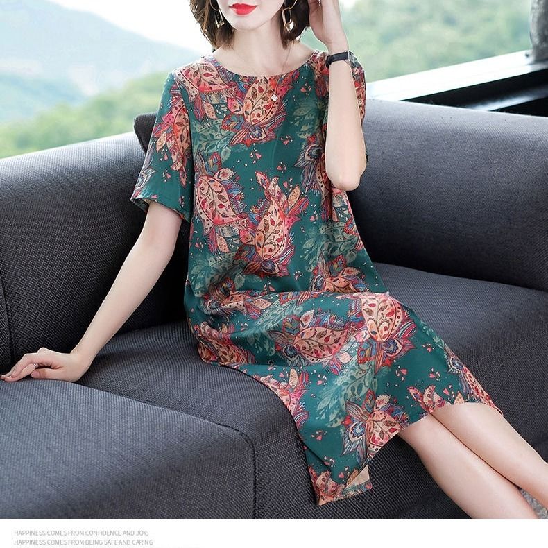 Imitation ice silk dress women's summer dress 2021 new style temperament printing loose cover belly show thin young mother skirt