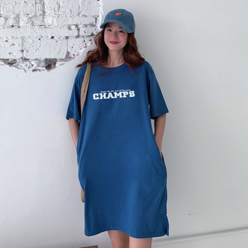 Real shot cotton summer pocket short sleeve mid length lower body missing lazy wind split T-shirt skirt