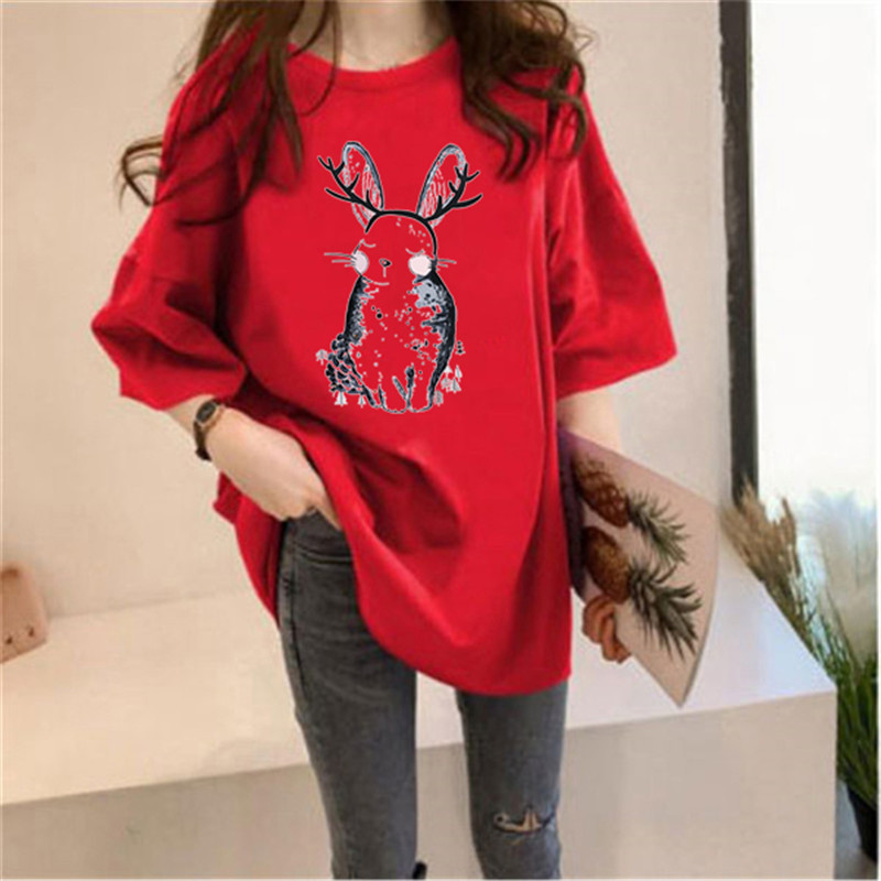 Guantuke double ground milk silk summer T-shirt short sleeve student lazy printing medium long T-shirt