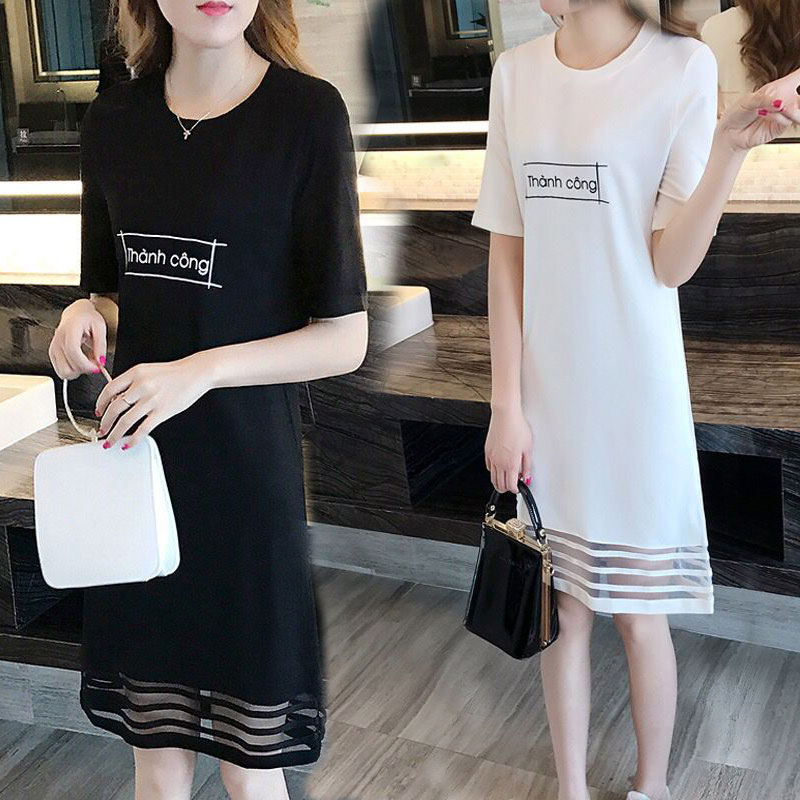 2021 summer new letter printing loose size dress women's short sleeve stitching mesh medium length skirt fashion