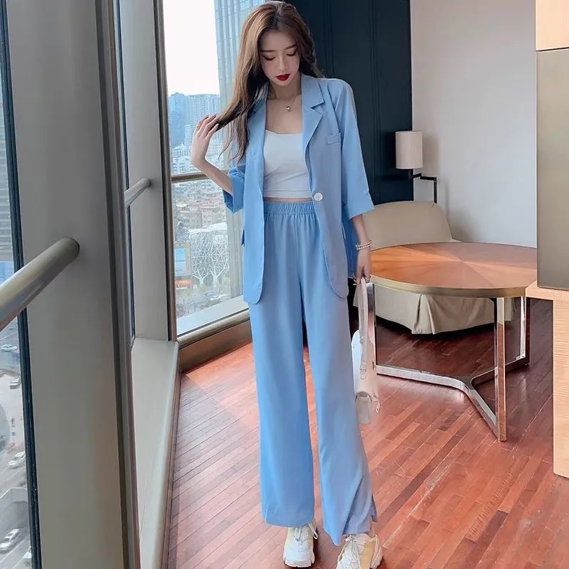 2021新款小西裝外套大碼韓版寬鬆顯瘦網紅休閒西服兩件套套裝女