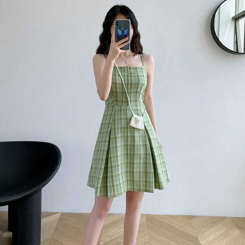 Summer 2021 new slim plaid skirt small fresh retro sweet student suspender dress women's wear