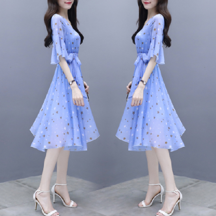 Short sleeve dress women's summer 2021 new printing style shows thin half sleeve cool wind super fairy gentle skirt