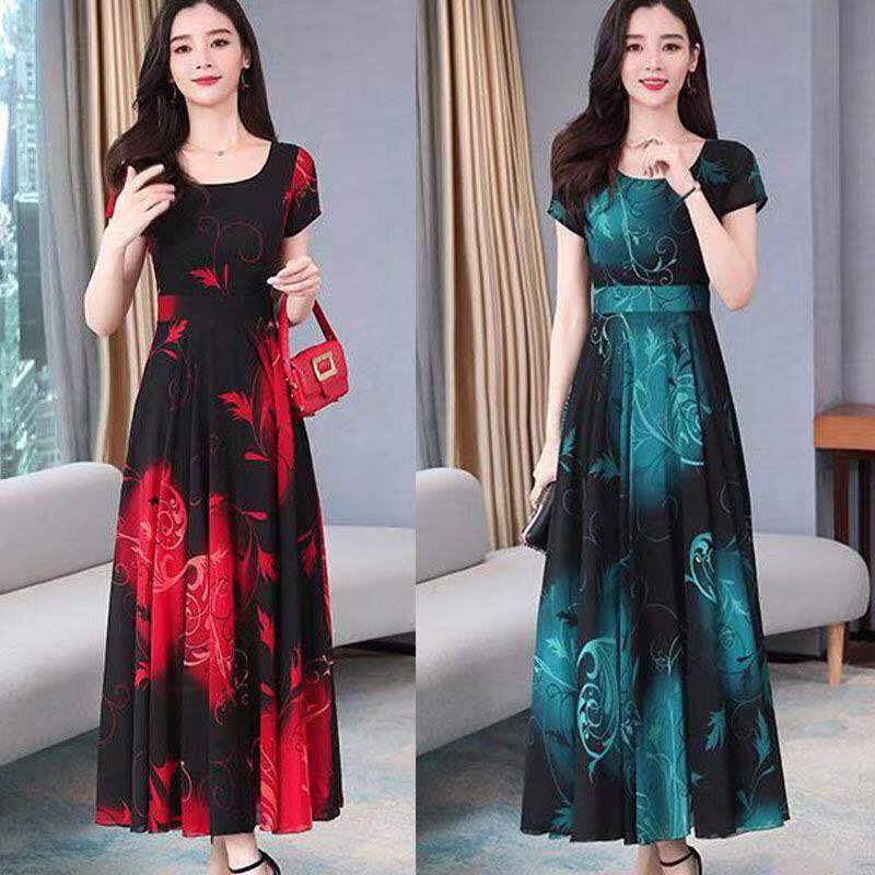 Large size dress women's 2021 new temperament mother's body decoration waist print stitching light mature style big swing skirt