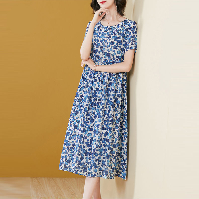 2021 summer new knee length dress Korean round neck printing loose large size slim medium length dress women's ice silk