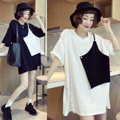 Official figure 100% cotton summer dress lace fake two large version T-shirt women's net red foreign style top