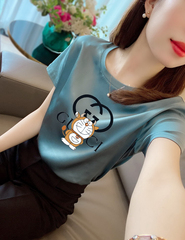 Summer new heavy silk short sleeve T-shirt women's silk cool in a second round neck fashionable foreign style top