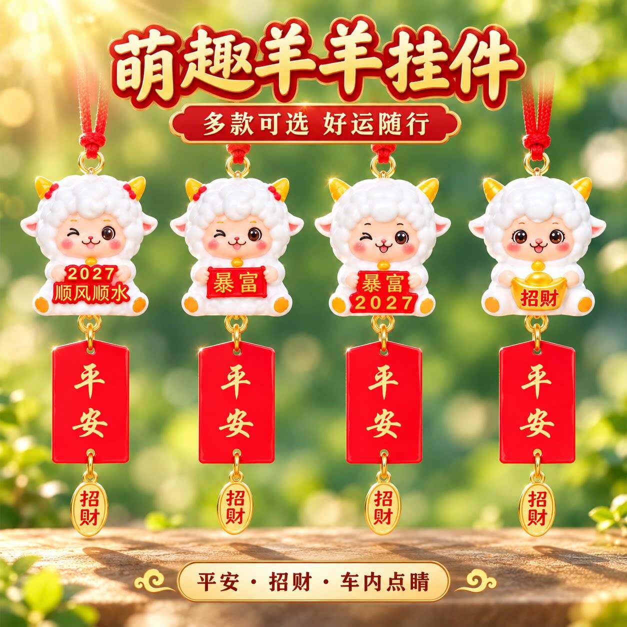 国潮吉祥羊汽车挂件招财纳福羊车载后视镜挂饰可爱生肖羊车内装饰