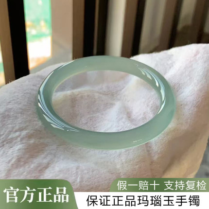 天然正品A货油青圆条玉髓手镯高冰种玛瑙玉手镯玉镯子女款带证书