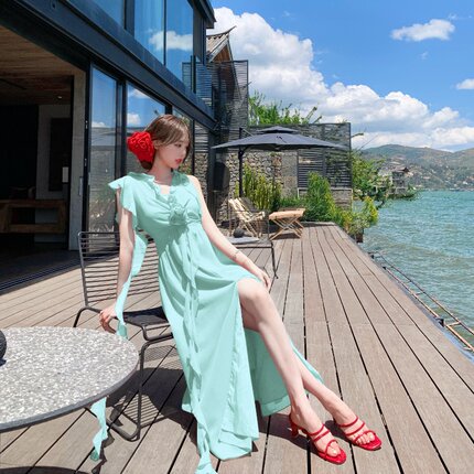 法式复古三色飘带连衣裙女夏季新款海边度假风修身显瘦长裙