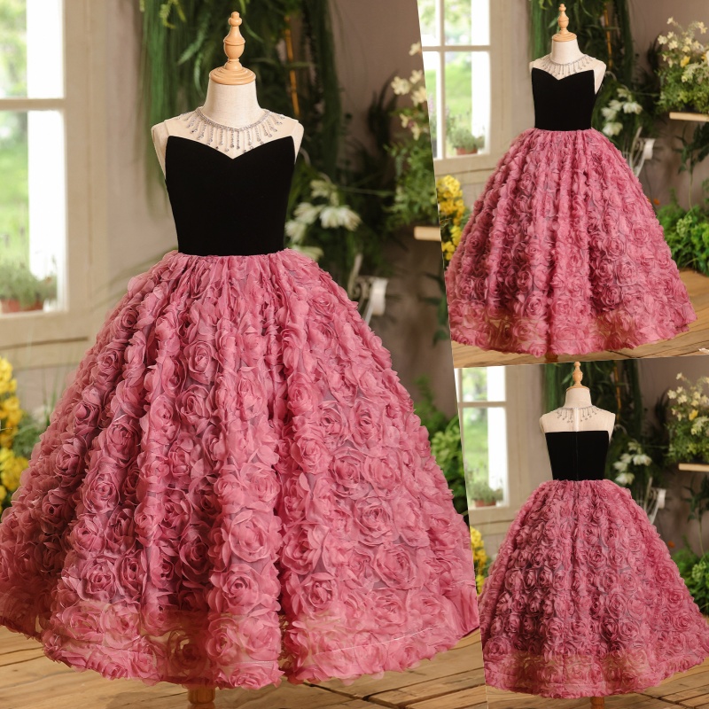 法式赫本风复古玫瑰礼服女童主持