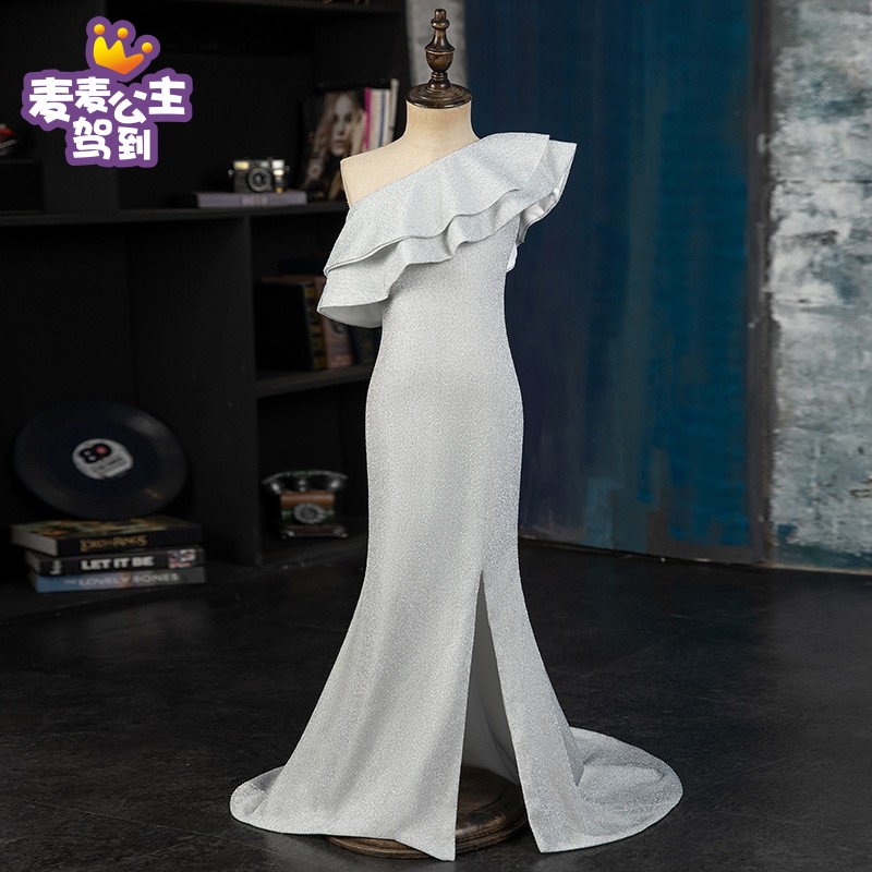 女童晚礼服公主裙新款银色小主持