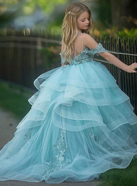 高端女童拖尾礼服儿童蓝色连衣裙中大童生日公主裙钢琴演奏主持人