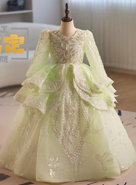 森系精灵公主裙绿色连衣裙儿童长裙钢琴主持人艺考演出服生日礼服