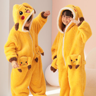 皮卡丘睡衣儿童秋冬季珊瑚绒男童连体衣女孩宝宝法兰绒哈衣家居服