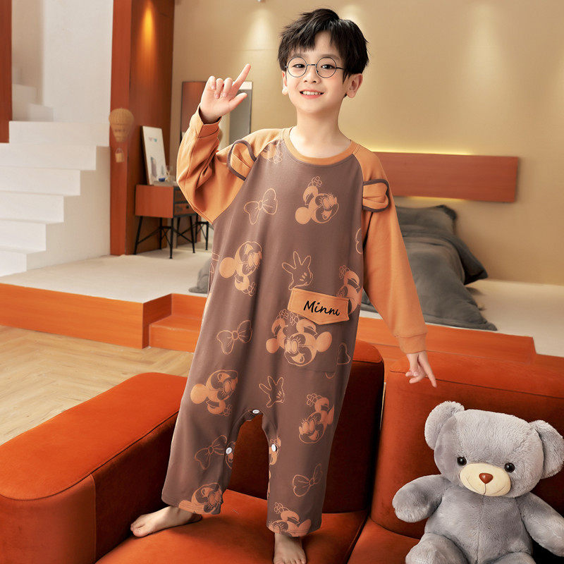 儿童连体睡衣秋季舒适纯棉长袖男童防踢被宝宝爬行哈衣卡通家居服