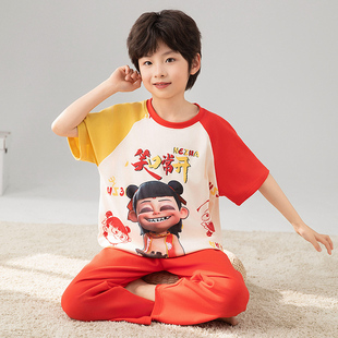 哪吒儿童睡衣男孩短袖长裤纯棉夏季中大男童青少年家居服空调套装