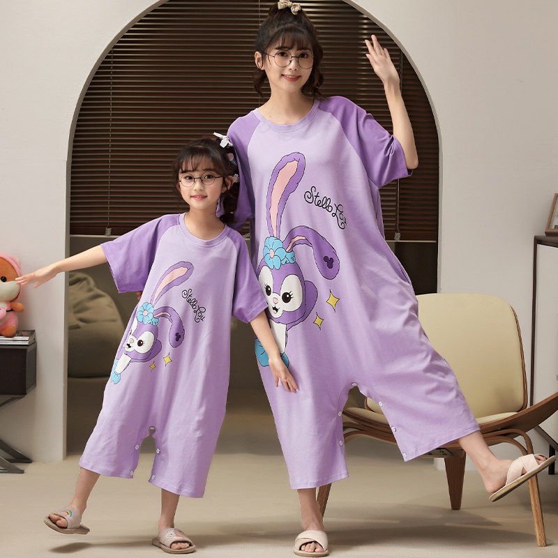 儿童连体睡衣女童夏装纯棉短袖卡通宝宝连体衣空调服母女装家居服