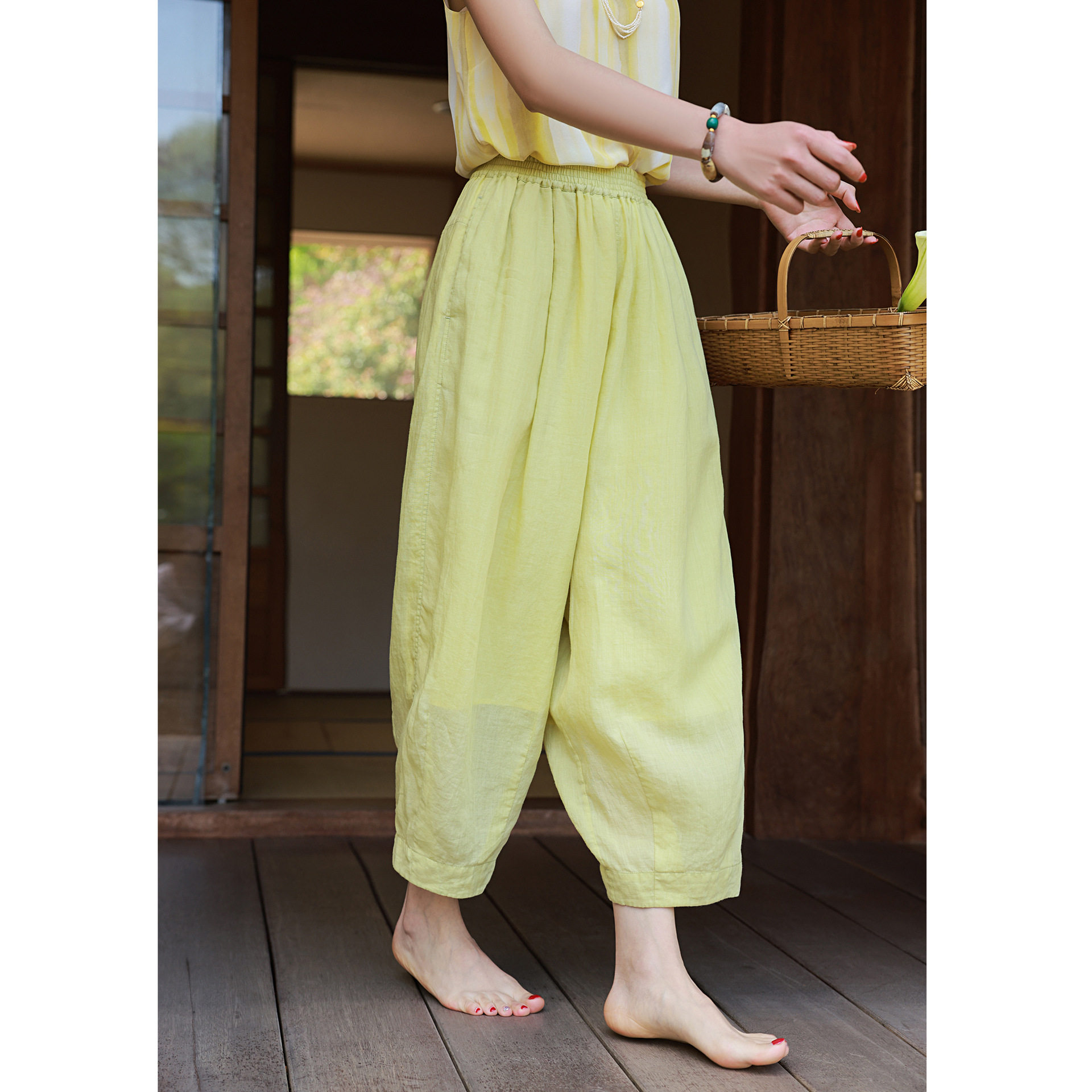 高端苎麻裤子女夏九分清凉休闲双层显瘦松紧腰舒适宽松棉麻灯笼裤