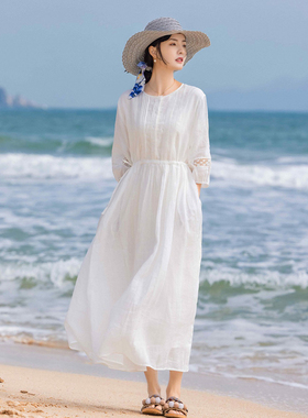 白色文艺宽松苎麻仙气飘逸海边度假拍照连衣裙女高级感刺绣沙滩裙