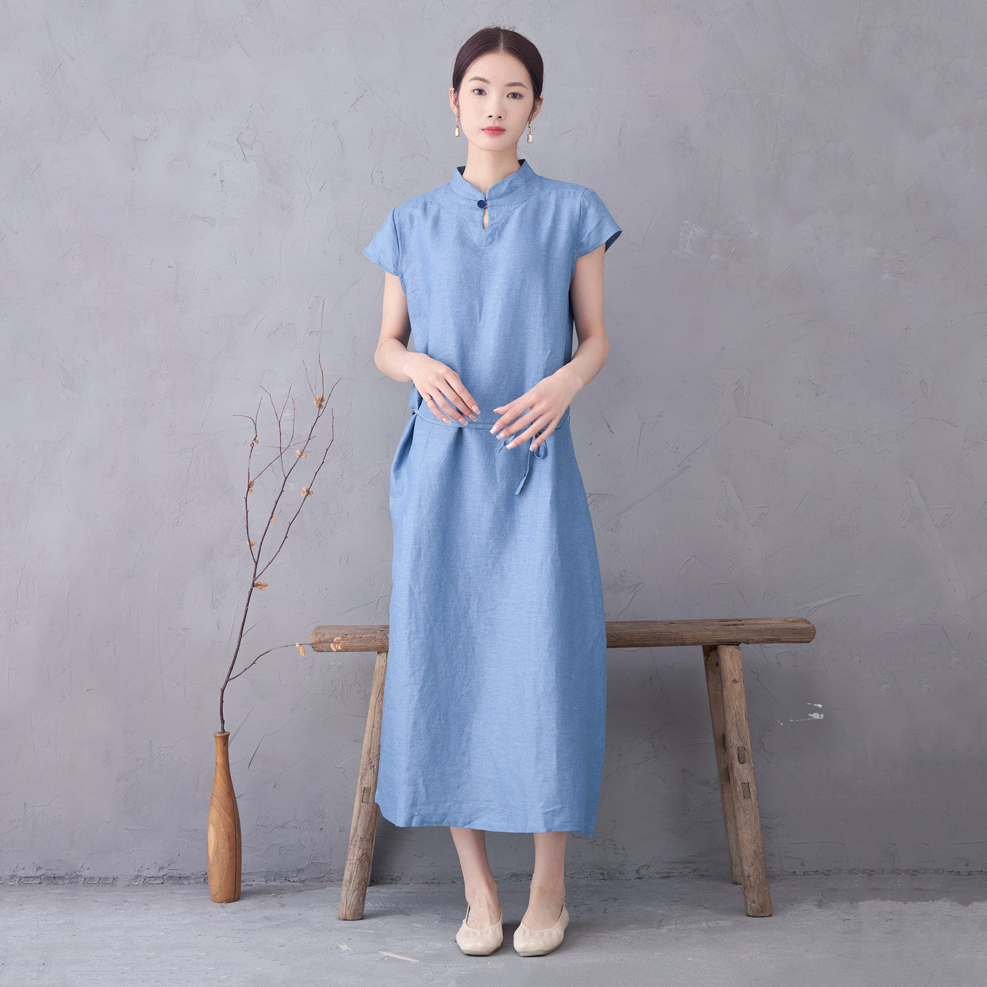 高端纯亚麻连衣裙女夏长款老钱风宽松松弛感中老年棉麻改良旗袍裙