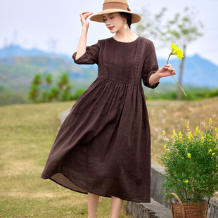 高端纯苎麻连衣裙女夏双层风琴褶五分袖大码宽松大摆棉麻度假长裙
