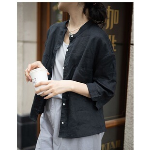 高端亚麻衬衫女2026春夏新款简约文艺七分袖黑色棉麻短款上衣外穿