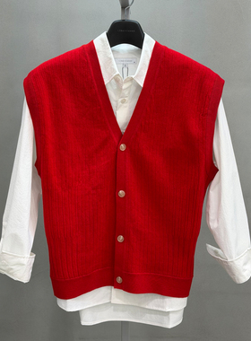 2026年春季新款liberclassy韩版男青年红色V领休闲针织开衫背心