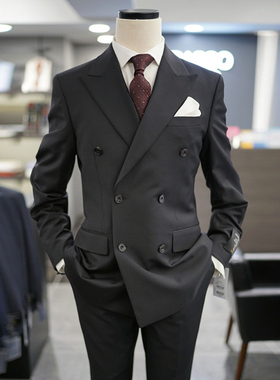 特价49折0101秋款BASSO黑色纯色羊毛混纺弹力职业双排扣西服套装