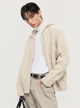 0101秋款TNGT混合燕麦色羊毛混纺绞花抽绳连帽双向拉链针织开衫