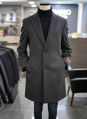 0130冬款BASSO炭灰色羊毛混纺单排扣休闲中长款毛呢大衣男