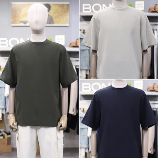 0330夏款 都市男士 短袖 T恤3色 BON卡其绿色藏青色圆领时尚