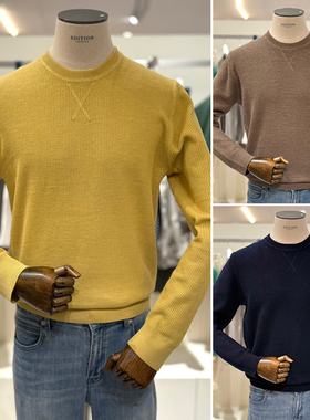 2025年冬装EDITION明黄色棕色纯色螺纹水洗圆领套头针织衫男士3色
