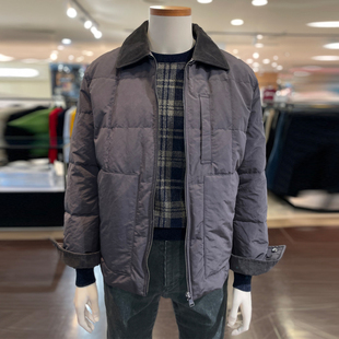 0130冬款OLZEN灰色深卡其绿色男士时尚休闲灯芯绒领羽绒服