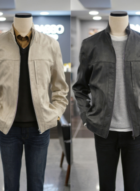 2026年春季新款BASSO炭灰色立领仿麂皮拉链皮衣短款夹克外套男士