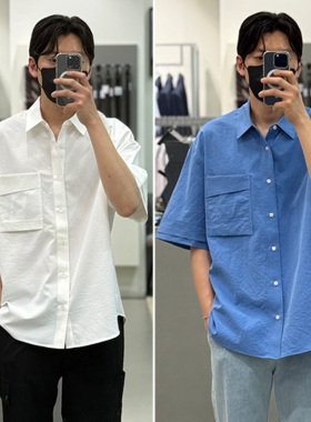 0322夏款Liberclassy白色蓝色纯色翻领口袋休闲短袖衬衫3色