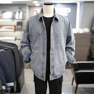 0130秋新款BASSO浅蓝色水洗蓝宽松版型翻领牛仔衬衫男生衬衣外套