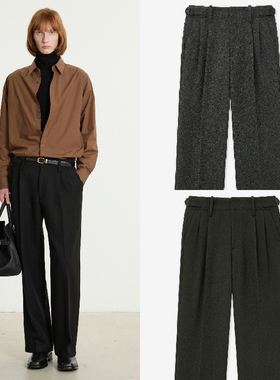 0101秋冬季新款TNGT黑色卡其绿色羊毛混纺宽松休闲裤长裤3色