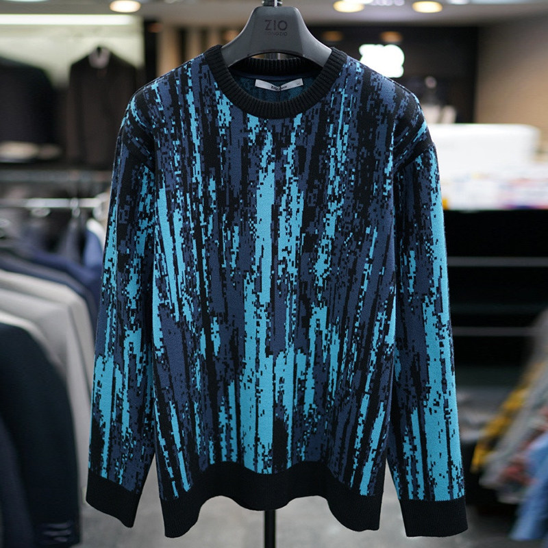 #国内现货180码春款SONGZIO电光蓝亮蓝色渐变拼色圆领套头针织衫
